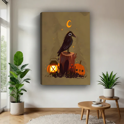 Gallery-wrap folk art raven and crescent moon canvas wall art on a bright wall between potted plants