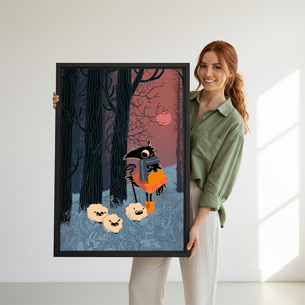 Framed raven forest canvas wall art between green plants, showing dark trees, a pink sky, and an orange-clad bird.