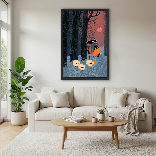 Black-framed raven forest canvas wall art above a cream sofa and wooden coffee table in a bright living room.