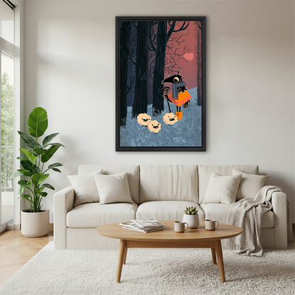 Black-framed raven forest canvas wall art above a cream sofa and wooden coffee table in a bright living room.
