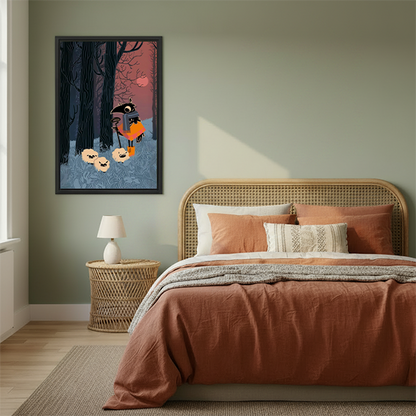 Gallery-wrapped raven forest canvas wall art beside leafy plants, featuring a black bird against dark trees and blue ground.
