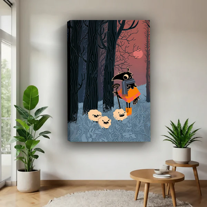 Black-framed raven forest canvas wall art beside a rattan bed with terracotta bedding and a white bedside lamp.
