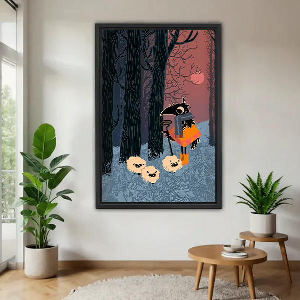 Woman holding black-framed raven forest canvas wall art featuring a scarf-wearing bird and three small pale companions.