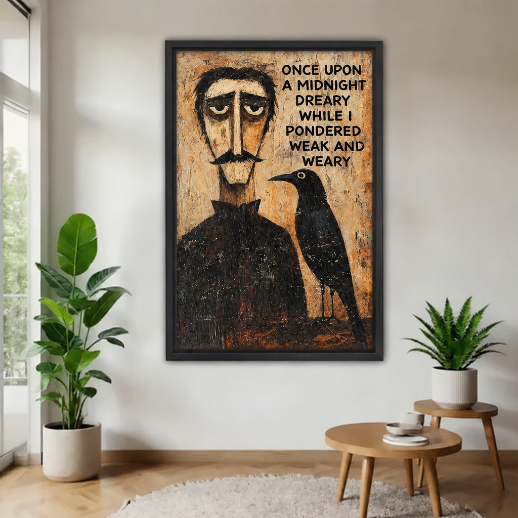 Black framed raven canvas wall art in a bright plant-filled living room