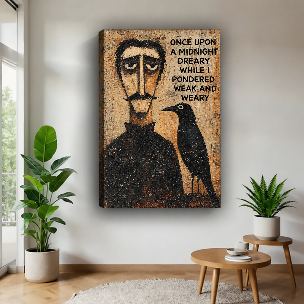 Raven gallery-wrap canvas wall art with a vintage midnight poetry quote