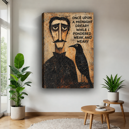 Raven gallery-wrap canvas wall art with a vintage midnight poetry quote