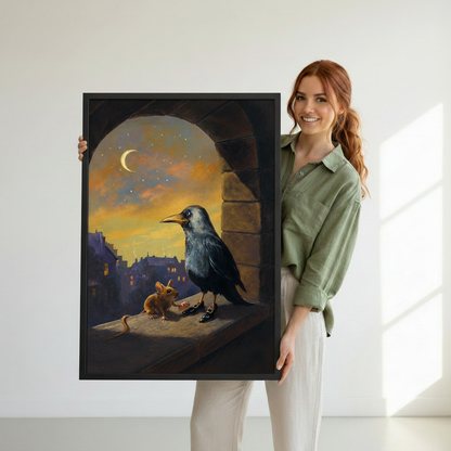 Close-up detail of raven with yellow beak and small mouse on stone windowsill, golden twilight sky fantasy canvas print