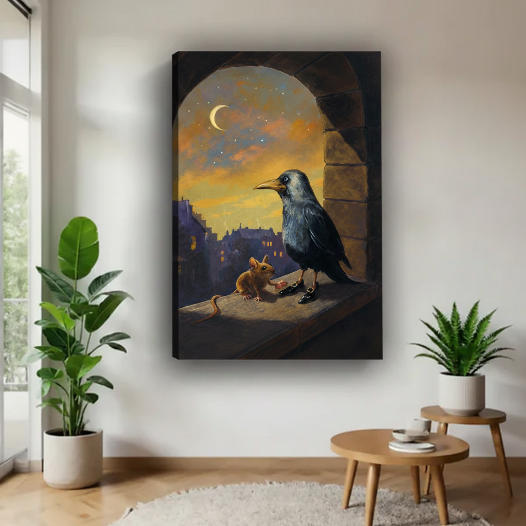 Frameless gallery wrap canvas of raven and mouse on stone arch ledge, crescent moon night sky, thick edge wall art
