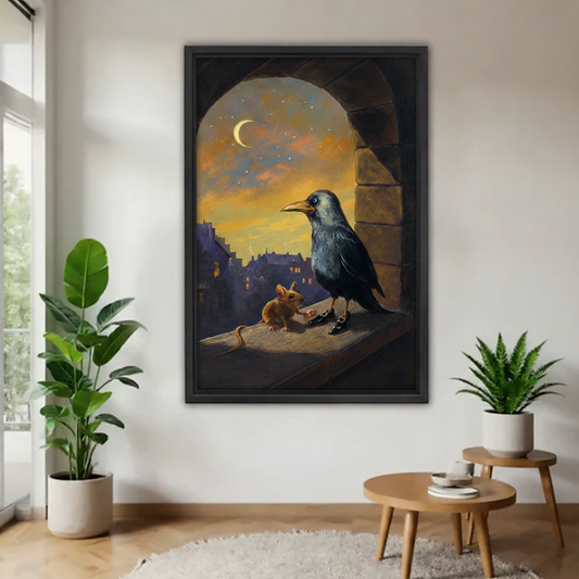 Raven and mouse fantasy oil painting canvas print in black frame, dark storybook wall art in modern living room