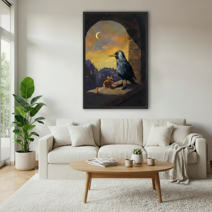 Large black framed raven and mouse storybook canvas print on white wall, dark whimsical oil painting home wall decor