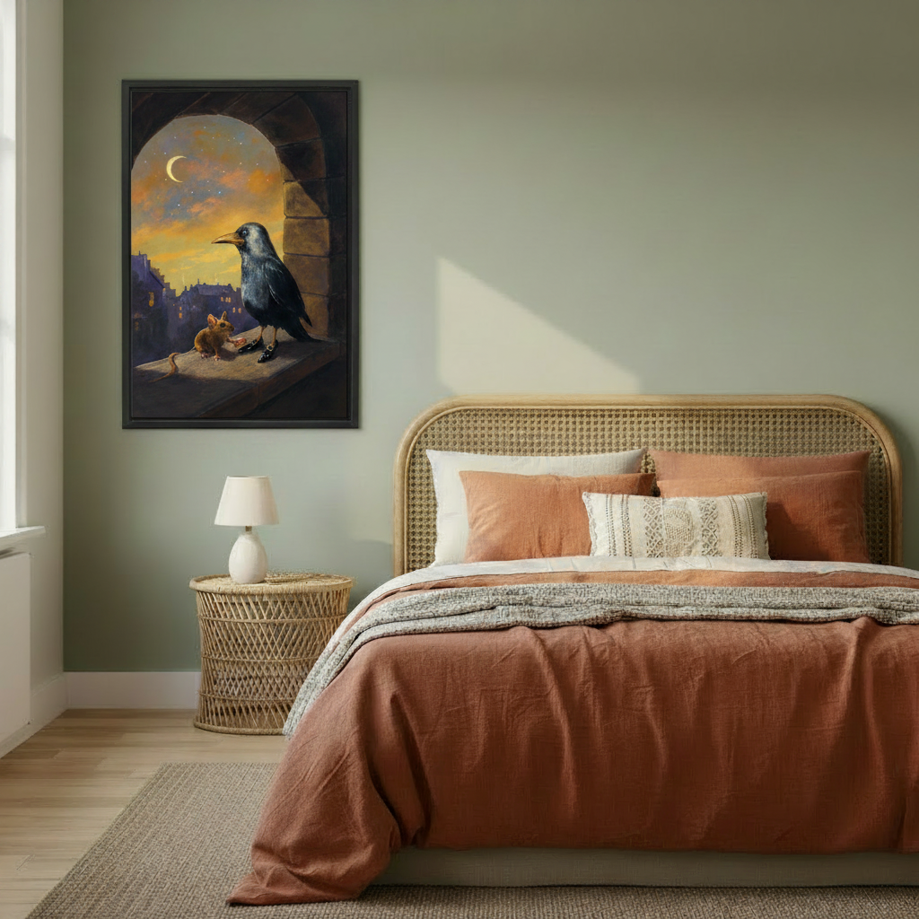 Dark fantasy raven and mouse canvas print in black frame above rattan bed, storybook oil painting bedroom wall decor