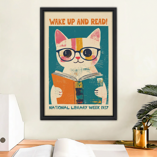 Wake Up And Read Retro Cat Poster Framed Canvas Wall Art|Liberty Signs #L1675