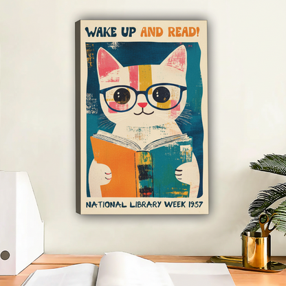 Wake Up And Read Retro Cat Poster Framed Canvas Wall Art|Liberty Signs #L1675