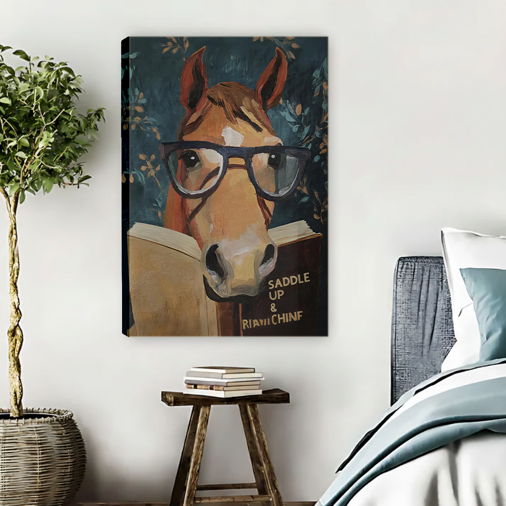 Whimsical reading horse canvas wall art in a black frame beside a bed, tree, and wooden stool.