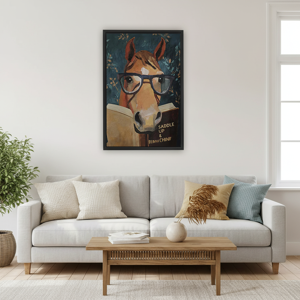 Whimsical reading horse canvas wall art in a black frame above a light sofa and wooden coffee table.