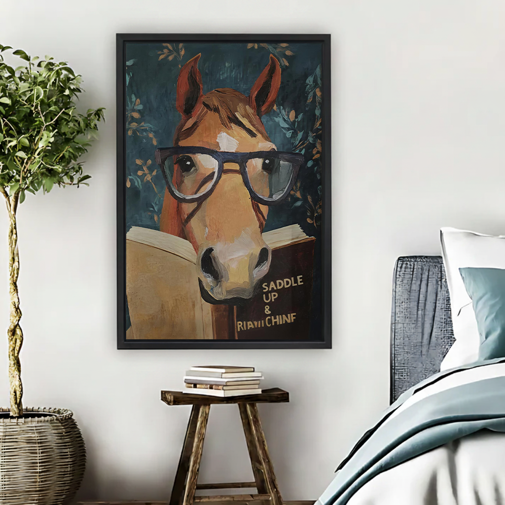 Unframed reading horse canvas wall art showing a horse wearing oversized glasses against a teal botanical background beside a bed.