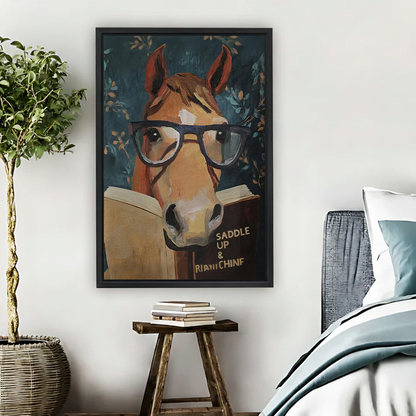 Unframed reading horse canvas wall art showing a horse wearing oversized glasses against a teal botanical background beside a bed.