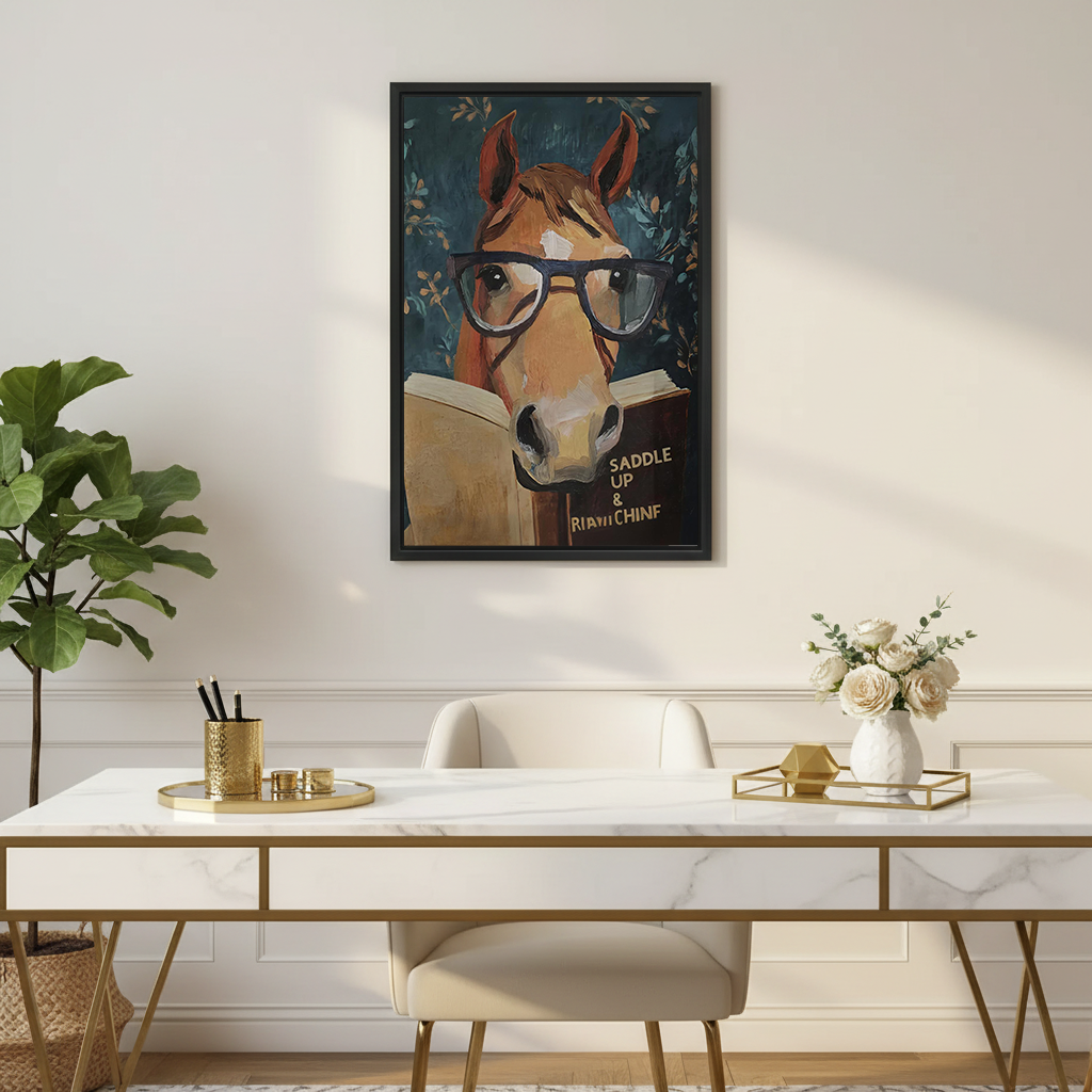 Woman seated on a sofa holding black-framed reading horse canvas wall art with a dark teal leafy background.