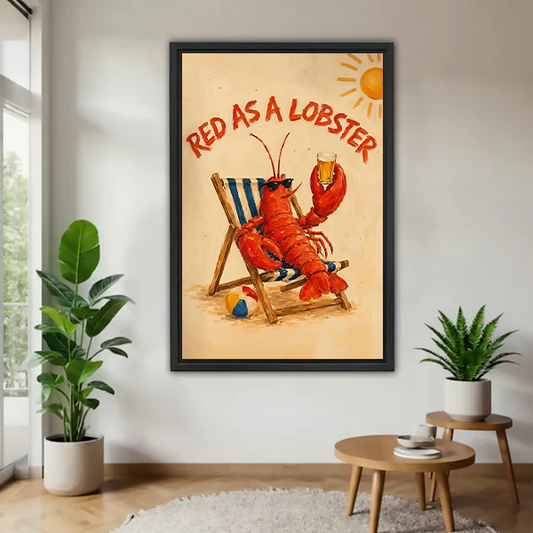 Framed Red as a Lobster whimsical beach canvas wall art hanging in a bright living room with plants