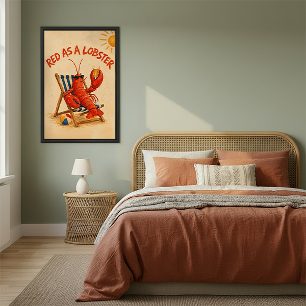 Vintage Red as a Lobster framed beach wall art print above a rattan bed in a sage green bedroom