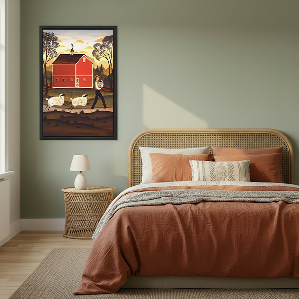 Unframed red barn and sheep canvas wall art displayed between indoor plants and wooden tables.