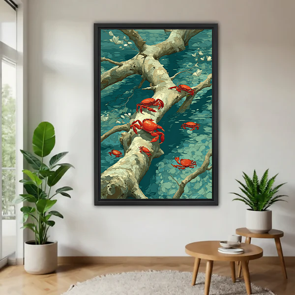Black-framed red crab canvas wall art with pale tree branches and painterly teal tones displayed between potted plants.