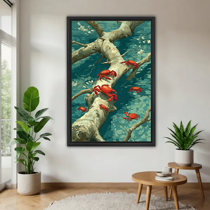 Black-framed red crab canvas wall art with pale tree branches and painterly teal tones displayed between potted plants.