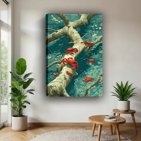 Impressionist red crab canvas wall art in a black frame displayed above a cream sofa and wooden coffee table.