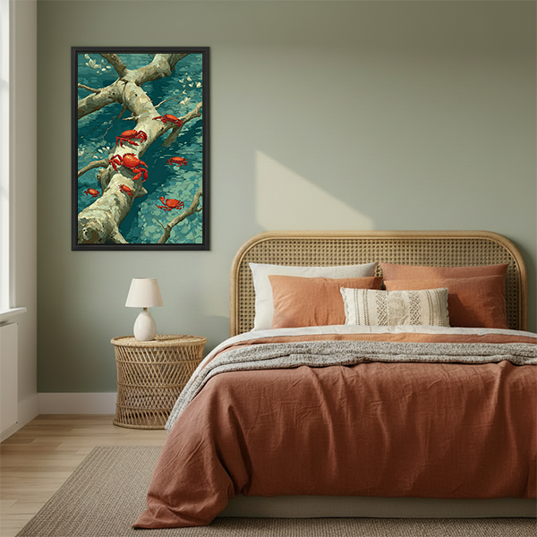 Gallery-wrap red crab canvas wall art with twisting pale branches and teal brushstrokes displayed between leafy plants.