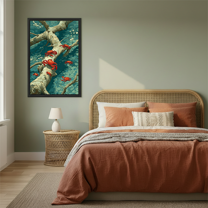 Gallery-wrap red crab canvas wall art with twisting pale branches and teal brushstrokes displayed between leafy plants.