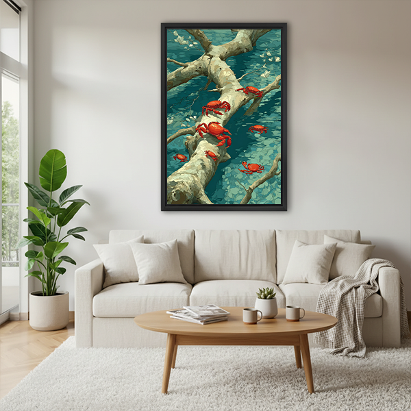 Framed red crab canvas wall art with painterly branches beside a rattan bed and warm terracotta bedding.