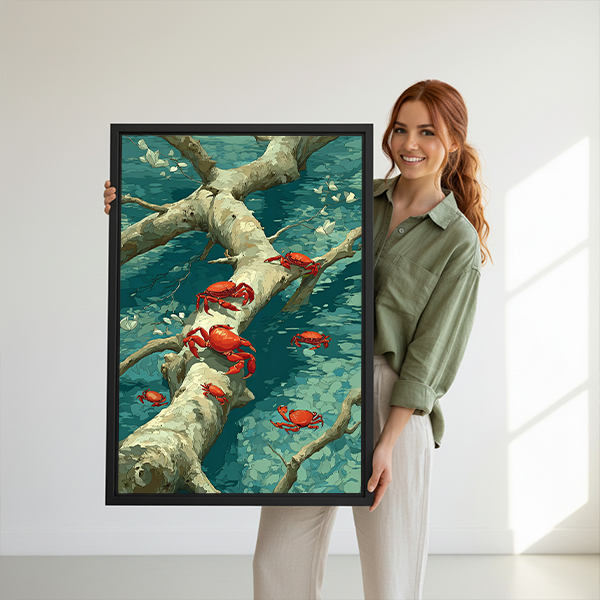 Woman holding framed red crab canvas wall art featuring bright crabs on pale branches against a teal background.