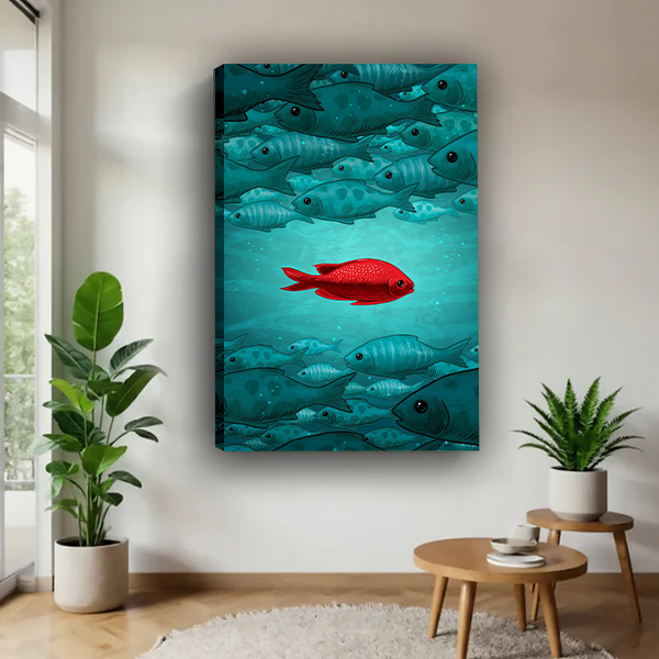 Contemporary red fish canvas wall art in a black frame above a cream living room sofa.