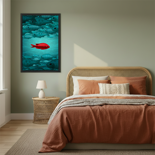 Black-framed red fish canvas wall art with a turquoise underwater background displayed between potted plants.