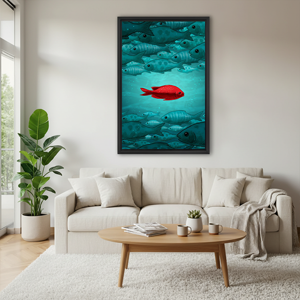 Gallery-wrap red fish canvas wall art surrounded by teal fish displayed between green potted plants.
