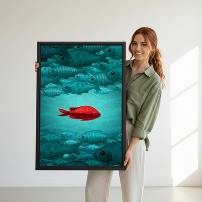 Woman holding black-framed red fish canvas wall art featuring teal schools of fish in turquoise water.