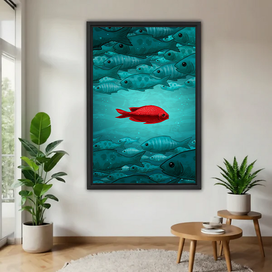Framed red fish canvas wall art with teal fish on a sage bedroom wall beside a rattan bed.