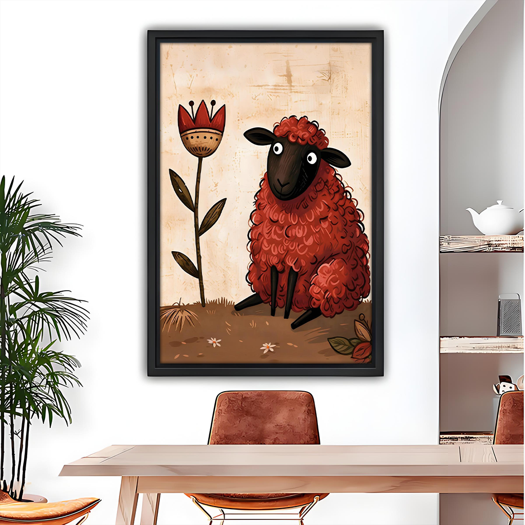 Whimsical red sheep canvas wall art in a black frame above a dining table beside a potted palm.