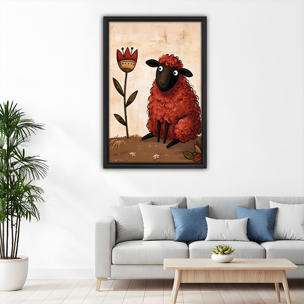Framed red sheep canvas wall art with a black face and curly fleece beside wooden bunk beds and toys.