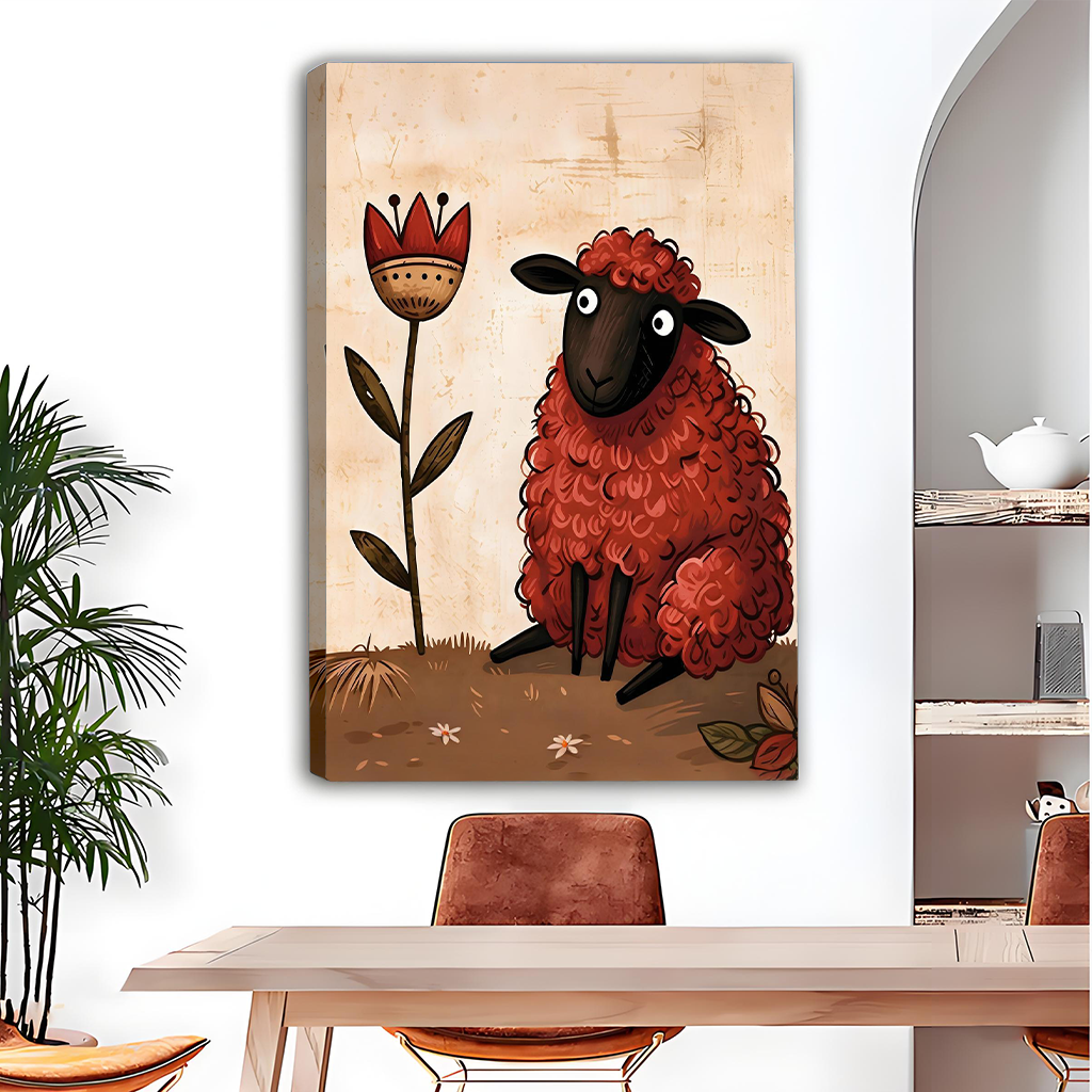 Framed red sheep canvas wall art with a tall folk art flower above a gray sofa with blue cushions.