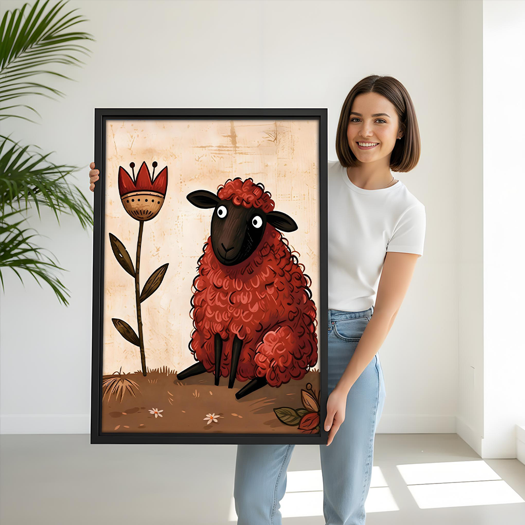 Gallery-wrap red sheep canvas wall art featuring curly fleece and a stylized flower above a dining table.