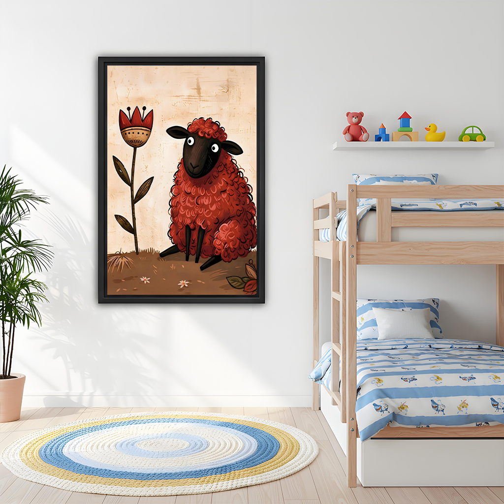Woman holding black framed red sheep canvas wall art with a whimsical flower against a warm cream background.