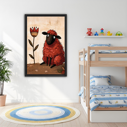 Woman holding black framed red sheep canvas wall art with a whimsical flower against a warm cream background.