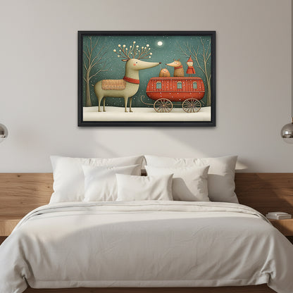 Reindeer caravan canvas wall art in a black frame above a white bed with a wooden headboard