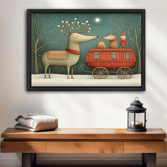 Framed reindeer caravan canvas wall art featuring a snowy woodland scene above a wooden bench
