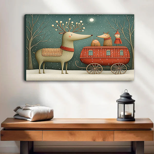 Gallery-wrap reindeer caravan canvas wall art with visible left edge above a wooden bench and lantern