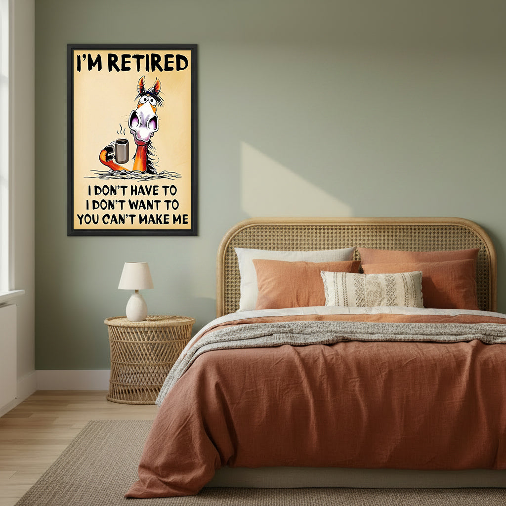 Framed retired horse coffee canvas wall art in a sage green bedroom