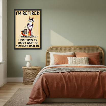 Framed retired horse coffee canvas wall art in a sage green bedroom