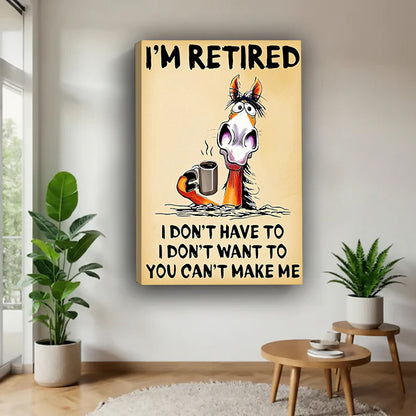 Gallery-wrap retired horse coffee canvas wall art in a bright plant-filled corner