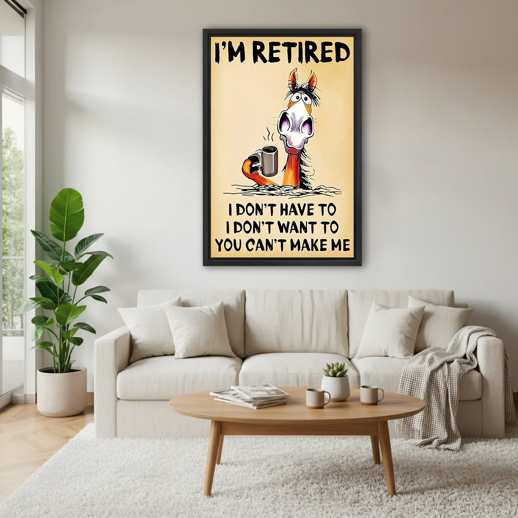 Funny retired horse coffee canvas wall art above a cream living room sofa